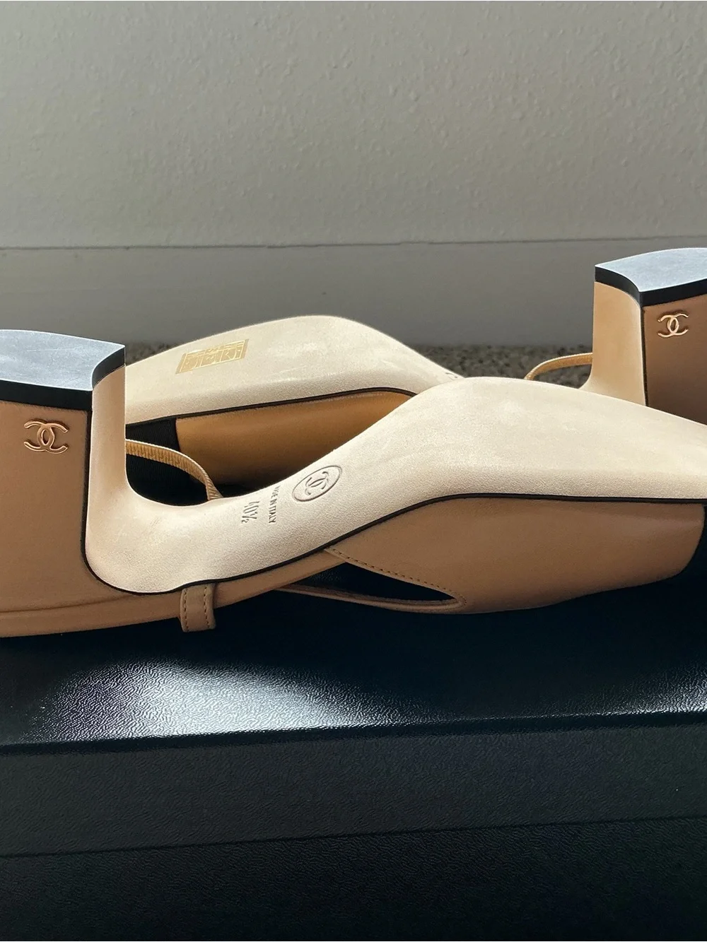 CHANEL Beige and Black Slingback Heels